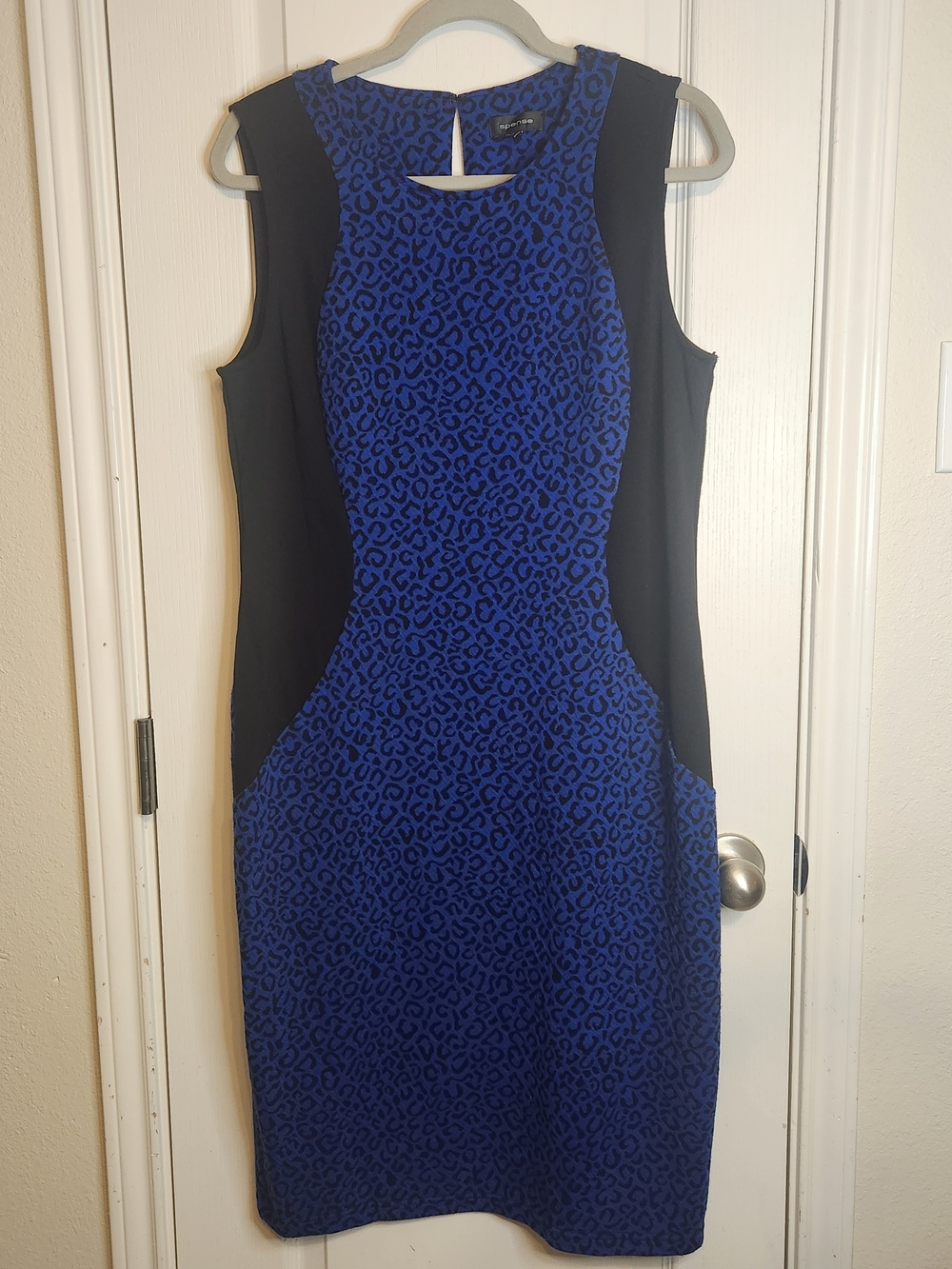 Spense Blue Leopard Print Midi Dress with Black Side Panels
